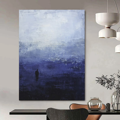 Contemporary hand-painted abstract art featuring atmospheric dark blue and grey sky tones with a solitary silhouette evoking tranquility and isolation. DLZ0513