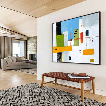 “Geometric City Blocks” - Greens, blues, oranges, whites; Abstract geometric city buildings; Minimalist Acrylic Painting On Canvas HB1179