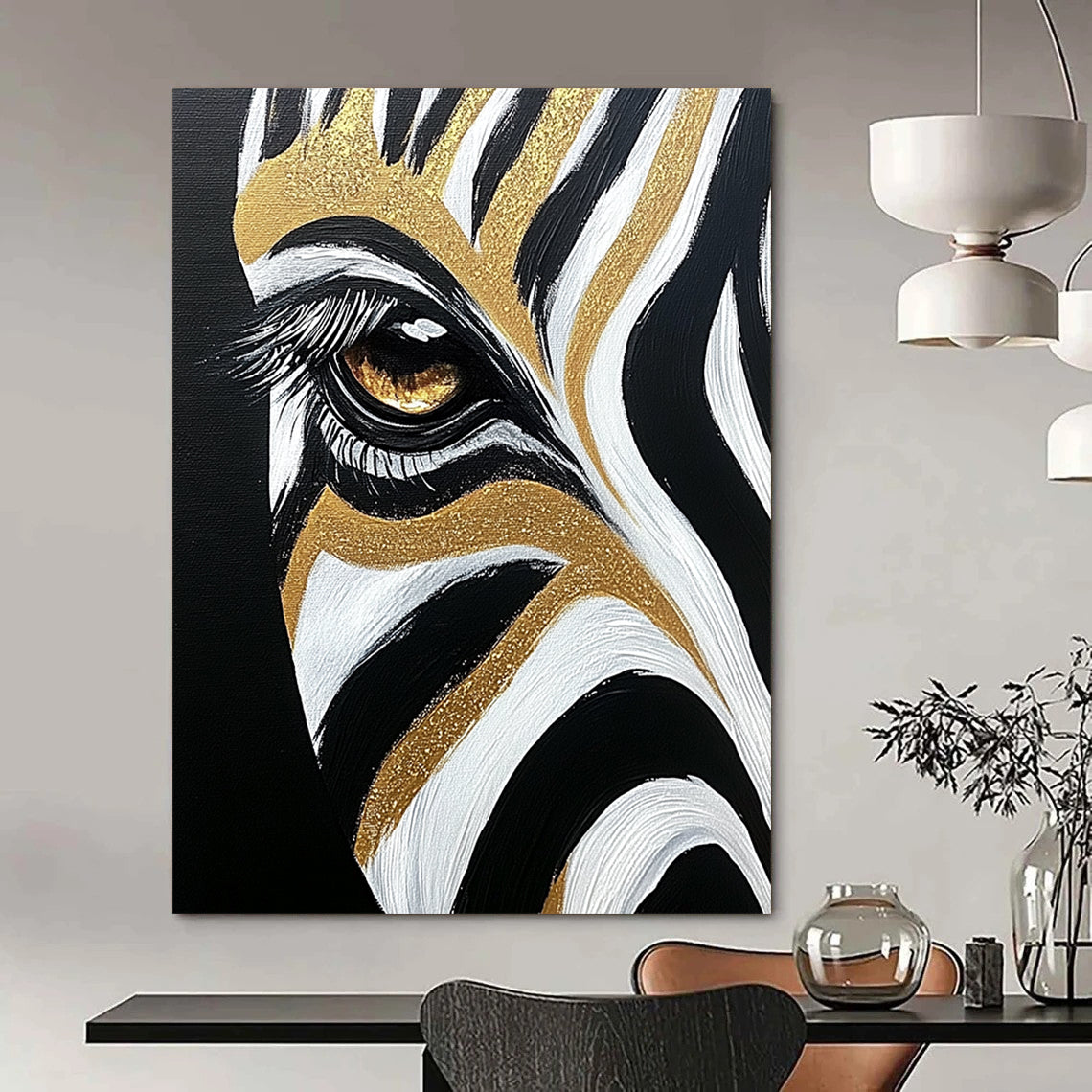 Contemporary abstract painting featuring a close-up of a zebra's eye and forehead stripes in black, white, and gold highlights. DLZ1216