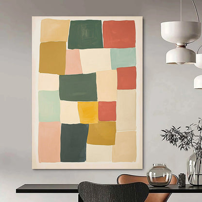 Contemporary hand-painted abstract artwork features geometric blocks in shades of green red and yellow against a beige background creating a harmonious composition. DLZ1596