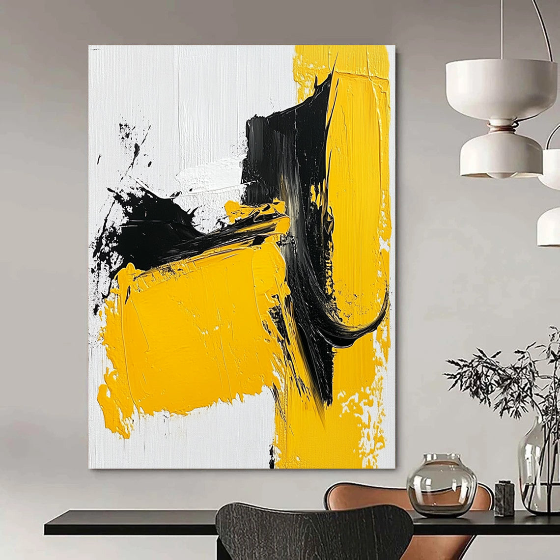 Contemporary abstract painting showcases bold yellow black and white strokes with thick paint on a textured canvas emphasizing minimalism and simple shapes. DLZ0837