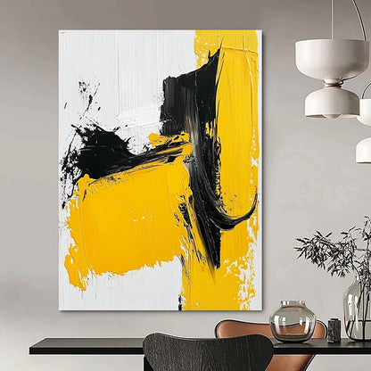 Contemporary abstract painting showcases bold yellow black and white strokes with thick paint on a textured canvas emphasizing minimalism and simple shapes. DLZ0837