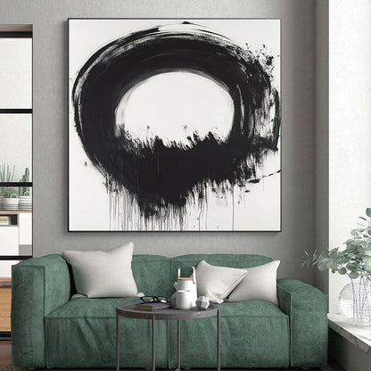 Black Circular Brushstroke with Dripping Paint - “Melting Enso” Painting On Canvas HB247