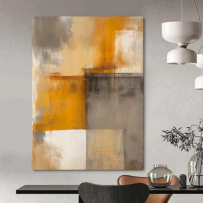 Contemporary hand-painted abstract art featuring faded beige and grey tones with warm yellow accents and simple geometric shapes. DLZ0516
