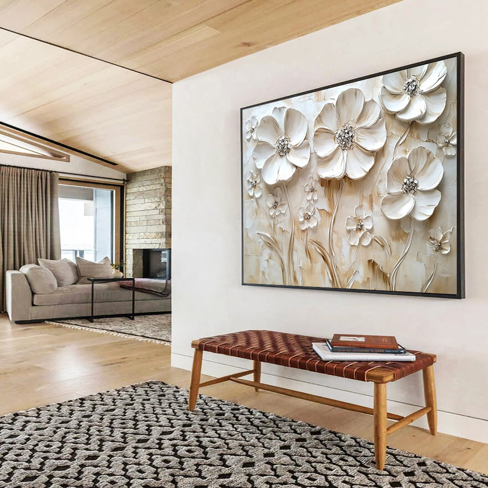 Cream - Colored Floral Relief - Subtle Textured Flower Painting On Canvas HB0430