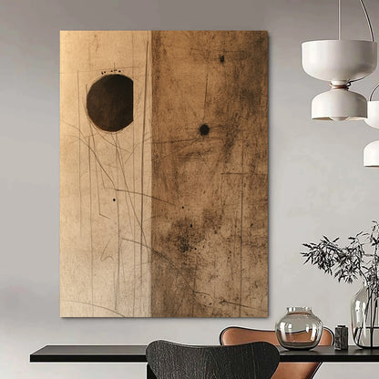 Contemporary hand-painted abstract art features textured brown paper with dark stains and a small hole, complemented by a striking cardboard piece. DLZ1089