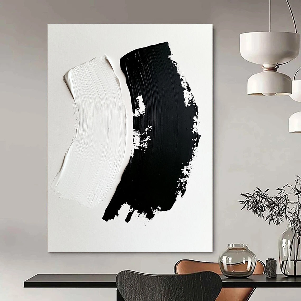 Contemporary hand-painted abstract art featuring dynamic black brushstrokes on white canvas showcasing depth and contrast in an engaging composition. DLZ1746