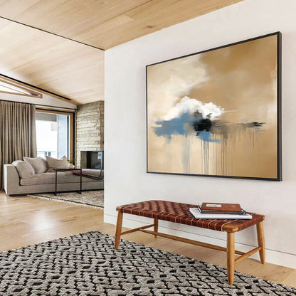 “Floating Cloud Dreamscape” - Beige, White, Blue, Black, Abstract Cloud - like Forms with Drips Painting On Canvas HB1082