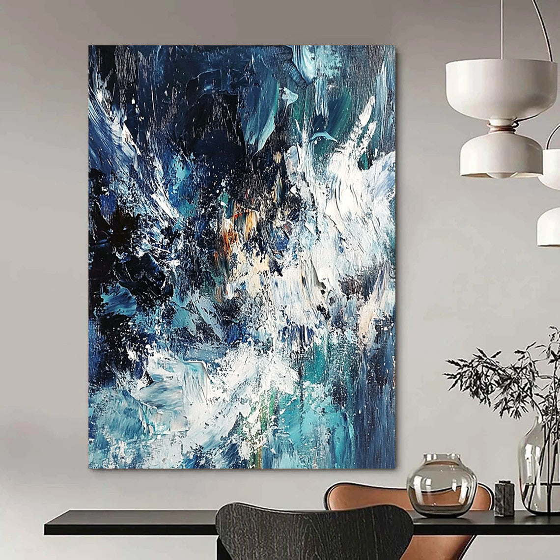 Contemporary abstract painting showcasing an ocean storm with dynamic blue and white waves using thick impasto strokes for dramatic texture and depth. DLZ0579