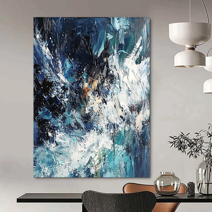 Contemporary abstract painting showcasing an ocean storm with dynamic blue and white waves using thick impasto strokes for dramatic texture and depth. DLZ0579