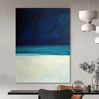 Contemporary hand-painted abstract art featuring a serene white sand beach under a dark blue sky, inspired by the style of Mark Rothko. DLZ0405