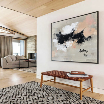 “Abstract Black Splatters” - Black, white, beige, pink, Abstract Expressionist Painting HB0621