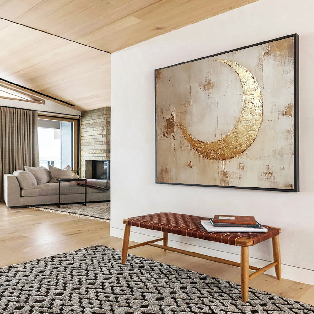 “Gilded Crescent Moonlit” - Gold, Beige, Brown, Textured Celestial Symbol Scenes Painting On Canvas HB1024