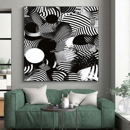 Black, White, Striped Spheres "Optical Illusion Spheres" Abstract Op - Art Painting On Canvas HB174