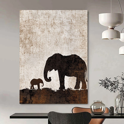 Contemporary abstract artwork featuring an elephant silhouette with calf on a textured brown and white background, perfect for any modern space. DLZ1088