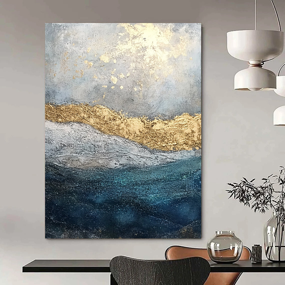 Contemporary abstract painting features textured layers of paint and glitter with a soft gray sky and deep blue sea enhanced by golden foil accents. DLZ1078