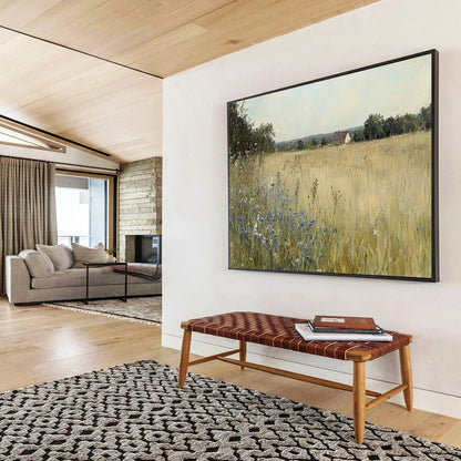 “Rustic Field with Cottage” - Serene field of gold with blue flowers and a distant cottage, Realist Landscape Painting On Canvas HB0544