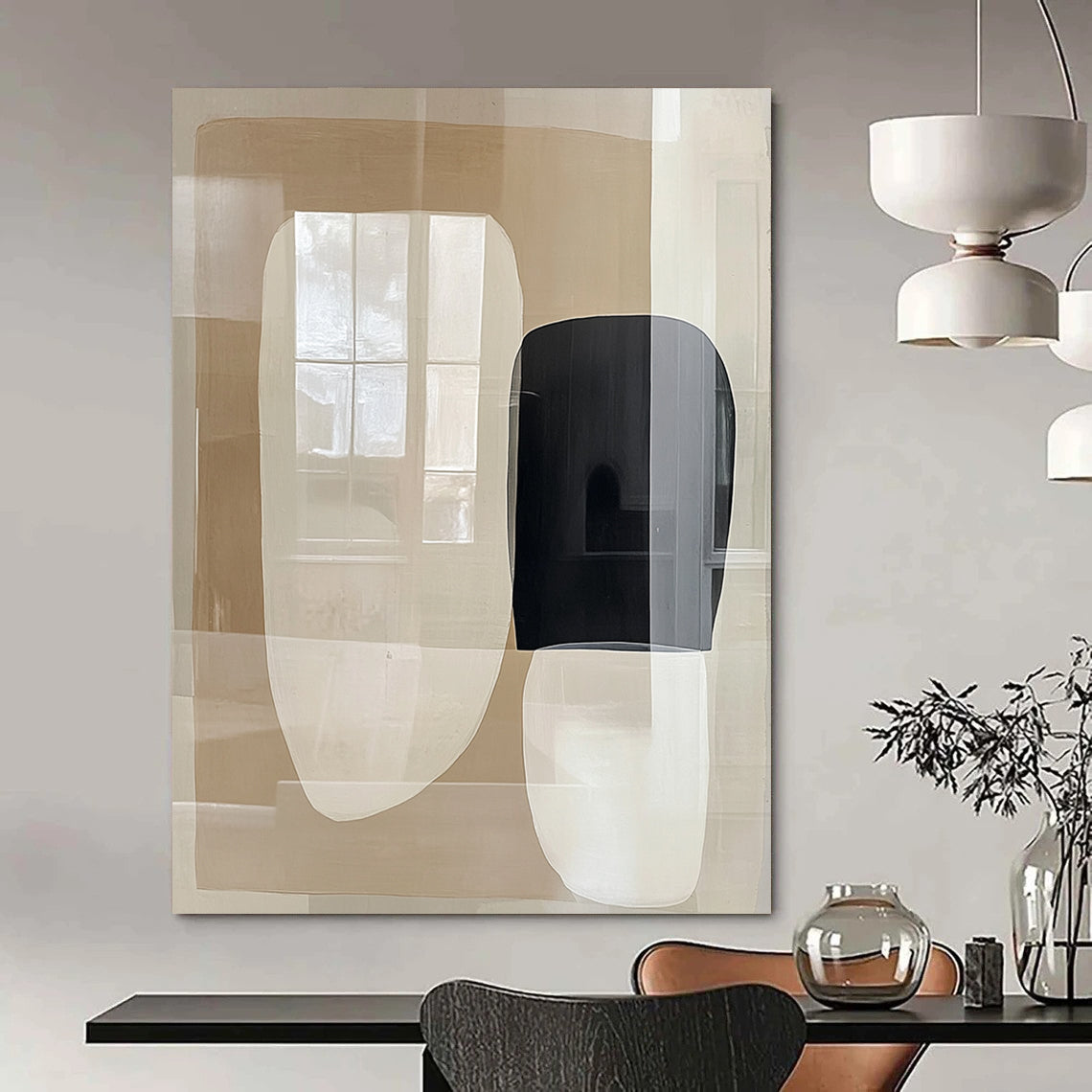 Contemporary abstract painting featuring large beige and white shapes with negative space and a central black form reflecting windows on a glass surface. DLZ1631