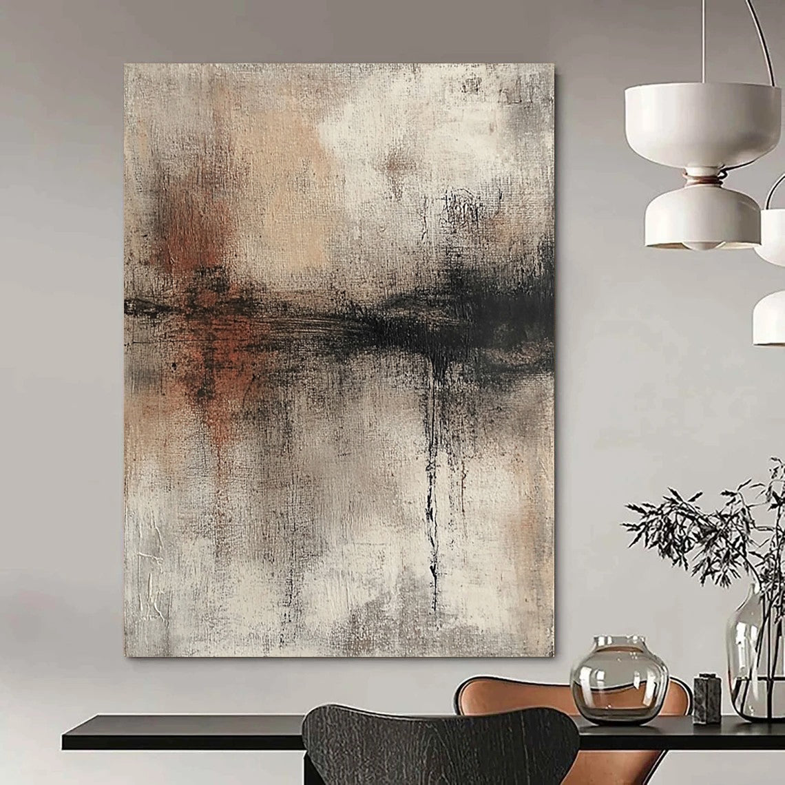 Contemporary hand-painted abstract artwork with a textured surface in neutral colors and muted tones showcasing a distressed look. DLZ0721