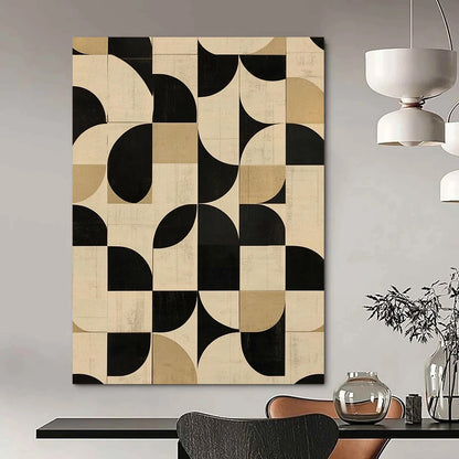 Contemporary abstract art featuring geometric patterns in neutral tones with black and white circular shapes perfect for modern interiors. DLZ1574