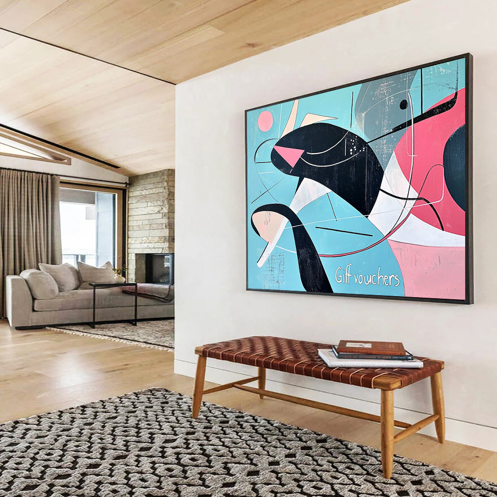 “Mid - Century Modern Whale” - Black, Pink, Blue, Geometric Whale HB1127