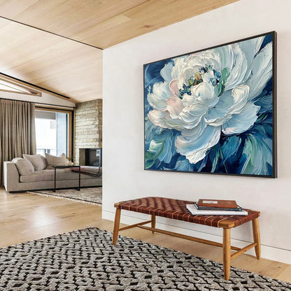 “Impasto White Peony on Blue” - White peony, blue background, thick brushstrokes, Impasto Floral Painting On Canvas HB0599