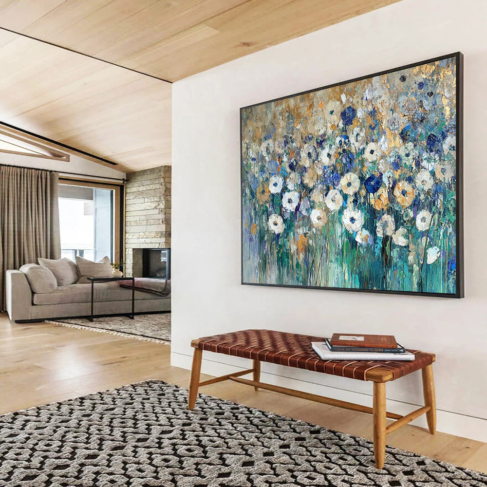 “Gilded Wildflower Field” - Gold - tipped white flowers, blue greens, Impasto Floral Painting On Canvas HB0581