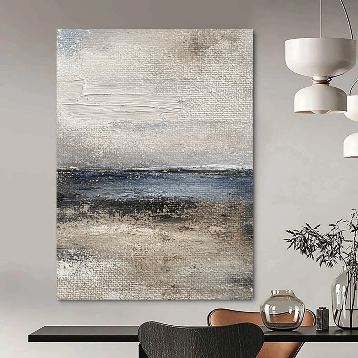 Contemporary abstract painting captures the ocean's essence with textured brushstrokes in muted gray and blue tones for a vintage feel. DLZ1077