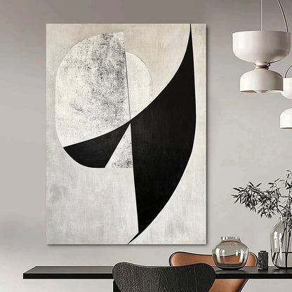 Contemporary abstract art features bold black and white shapes with diagonal cuts against a gray background and geometric figures adding depth. DLZ1400