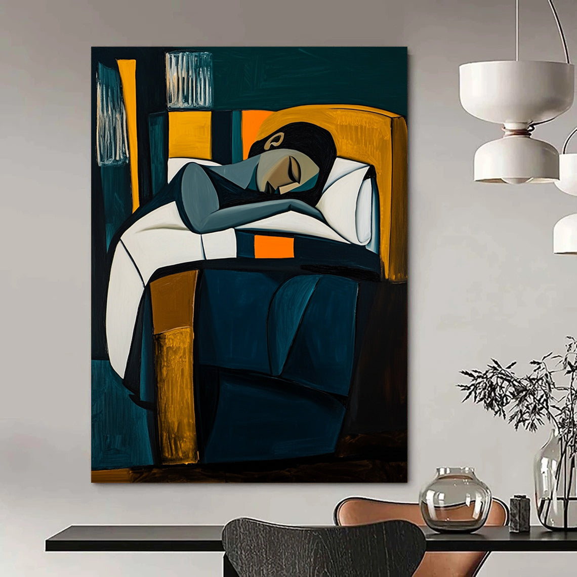 Contemporary abstract painting featuring a woman in bed with dark blue and white tones geometric shapes and vibrant orange elements against a dark green background. DLZ1525