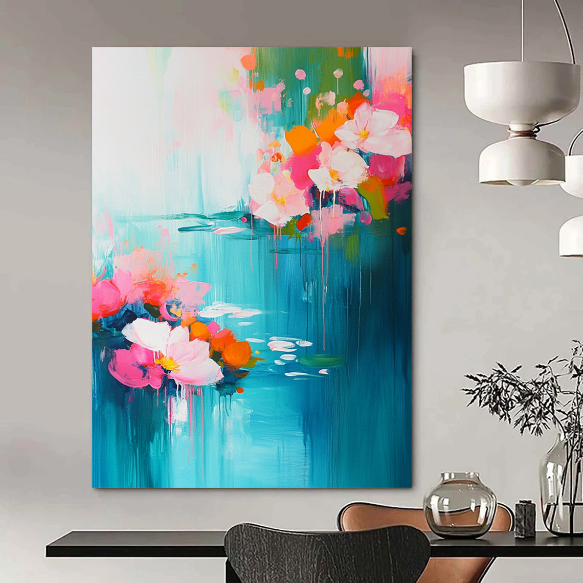 Contemporary abstract artwork featuring vibrant pink and turquoise flowers with serene water lilies, evoking springtime essence through soft brushstrokes and depth. DLZ0378
