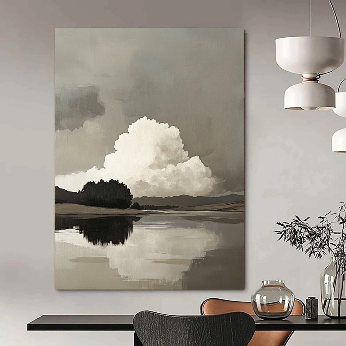 Contemporary abstract art featuring atmospheric clouds over a serene lake with hills and trees in soft neutral tones and subtle brush strokes. DLZ1097