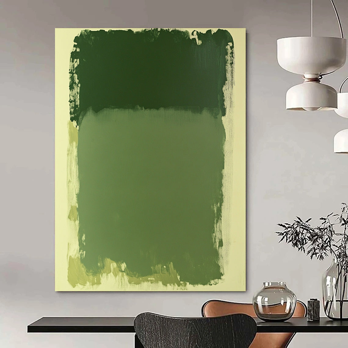 Contemporary abstract painting in green hues featuring a large rectangular shape on a serene white background. Perfect for modern aesthetics. DLZ1656