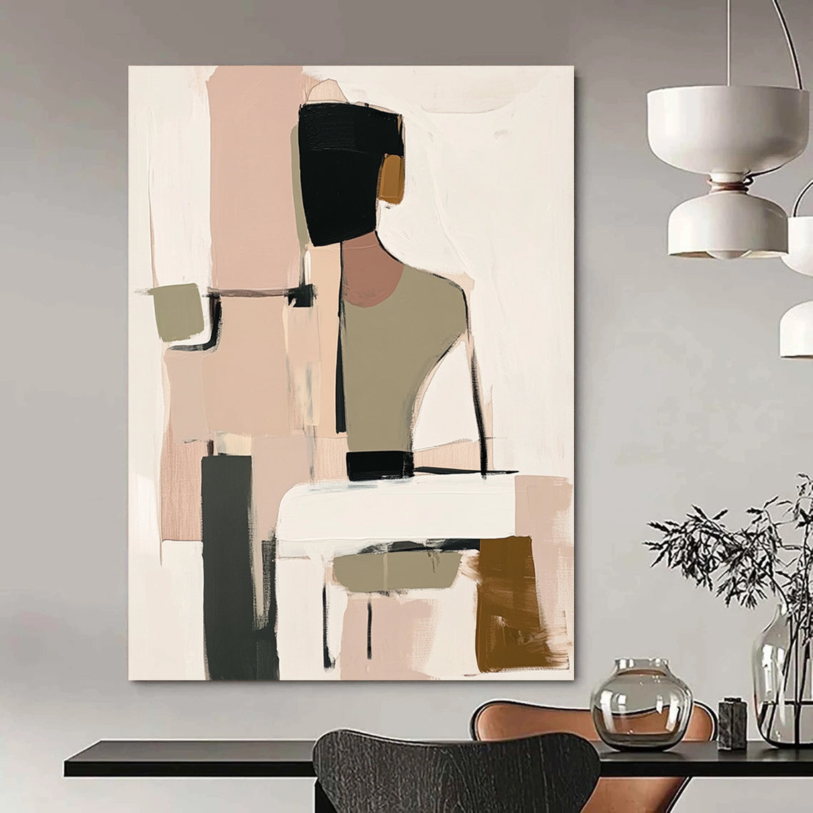 Contemporary handmade abstract art featuring muted beige black and white tones with soft pink and green hints and loose shapes around a visible table. DLZ0912