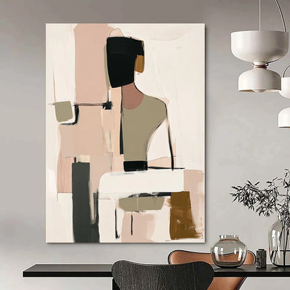 Contemporary handmade abstract art featuring muted beige black and white tones with soft pink and green hints and loose shapes around a visible table. DLZ0912