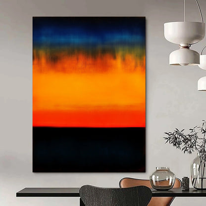 Contemporary hand-painted abstract art showcasing an orange and blue gradient sunset over the ocean with low contrast and dark colors for a blurred effect. DLZ0538