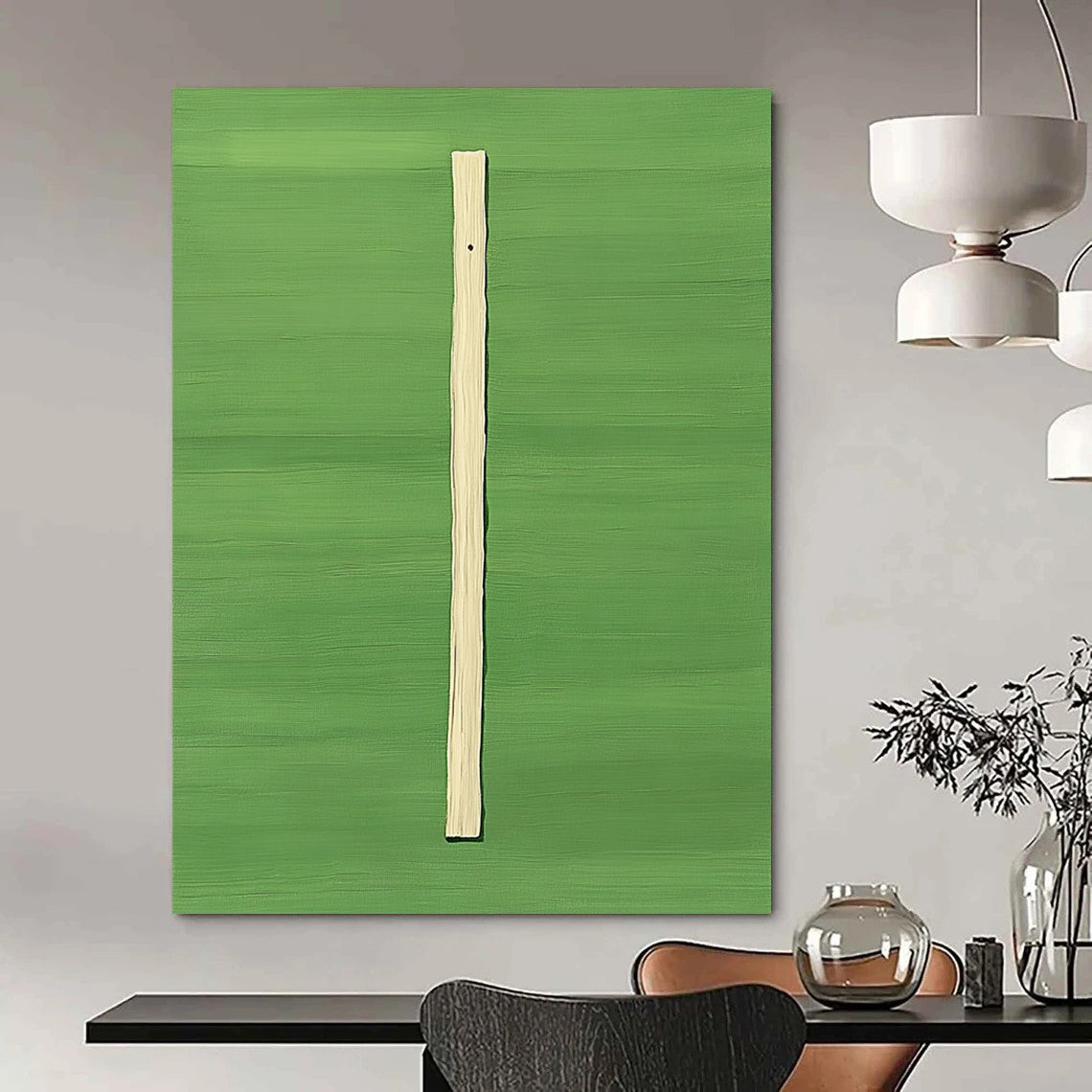 Contemporary abstract artwork featuring a vertical wooden stick against a vibrant green background in a style reminiscent of David Hockney. DLZ1301