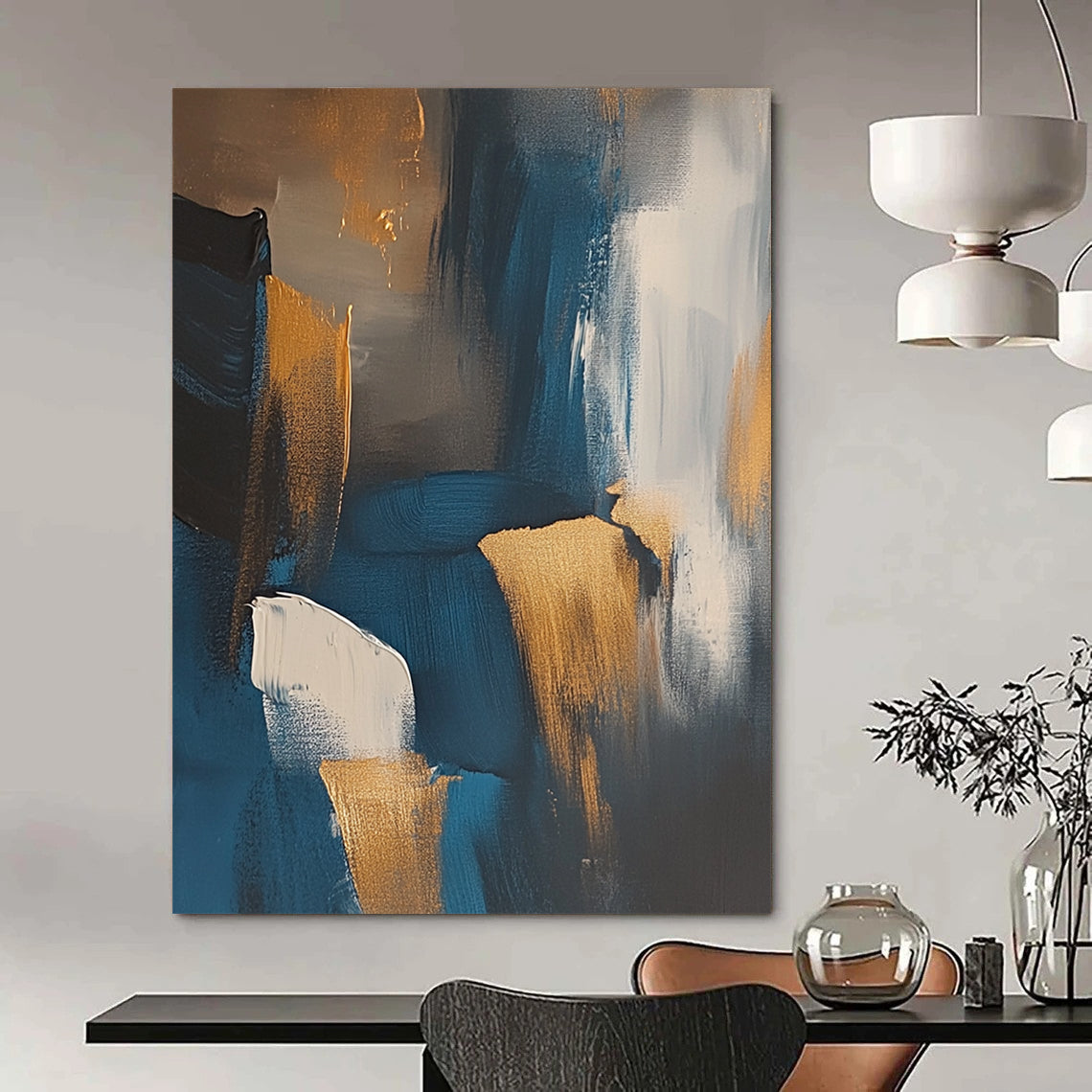 Contemporary abstract art depicting the Irish coast featuring dark blue and gold tones with expressive brush strokes and muted colors. DLZ1002