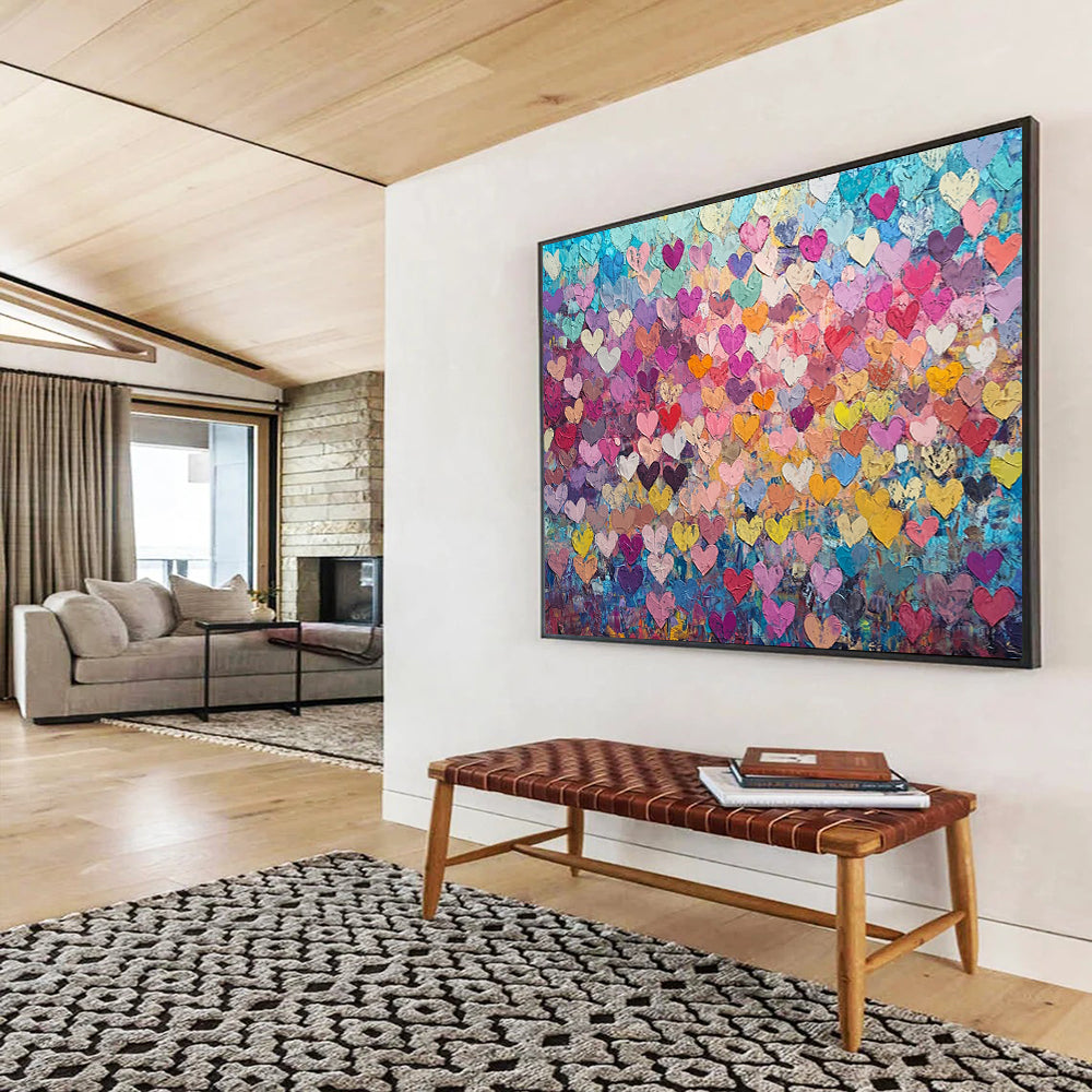 “Colorful Heart Collage” - Multicolor hearts, vibrant background, Textural Abstract Painting On Canvas HB0596
