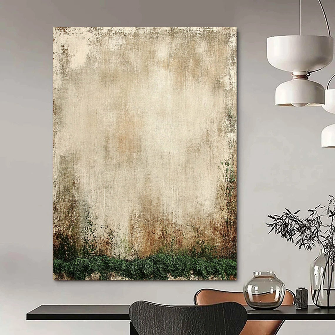 Contemporary hand-painted abstract artwork featuring aged beige canvas, mossy texture, distressed edges, and soothing neutral tones. DLZ1136