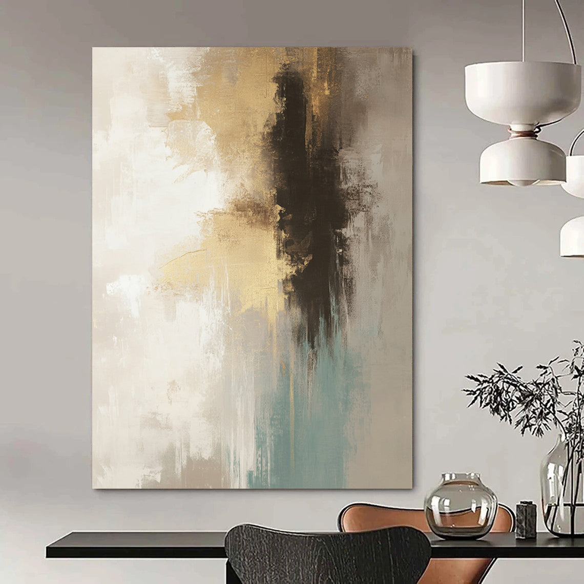 Contemporary hand-painted abstract art in neutral beige and gray tones with teal and gold accents soft brush strokes and atmospheric background. DLZ0760