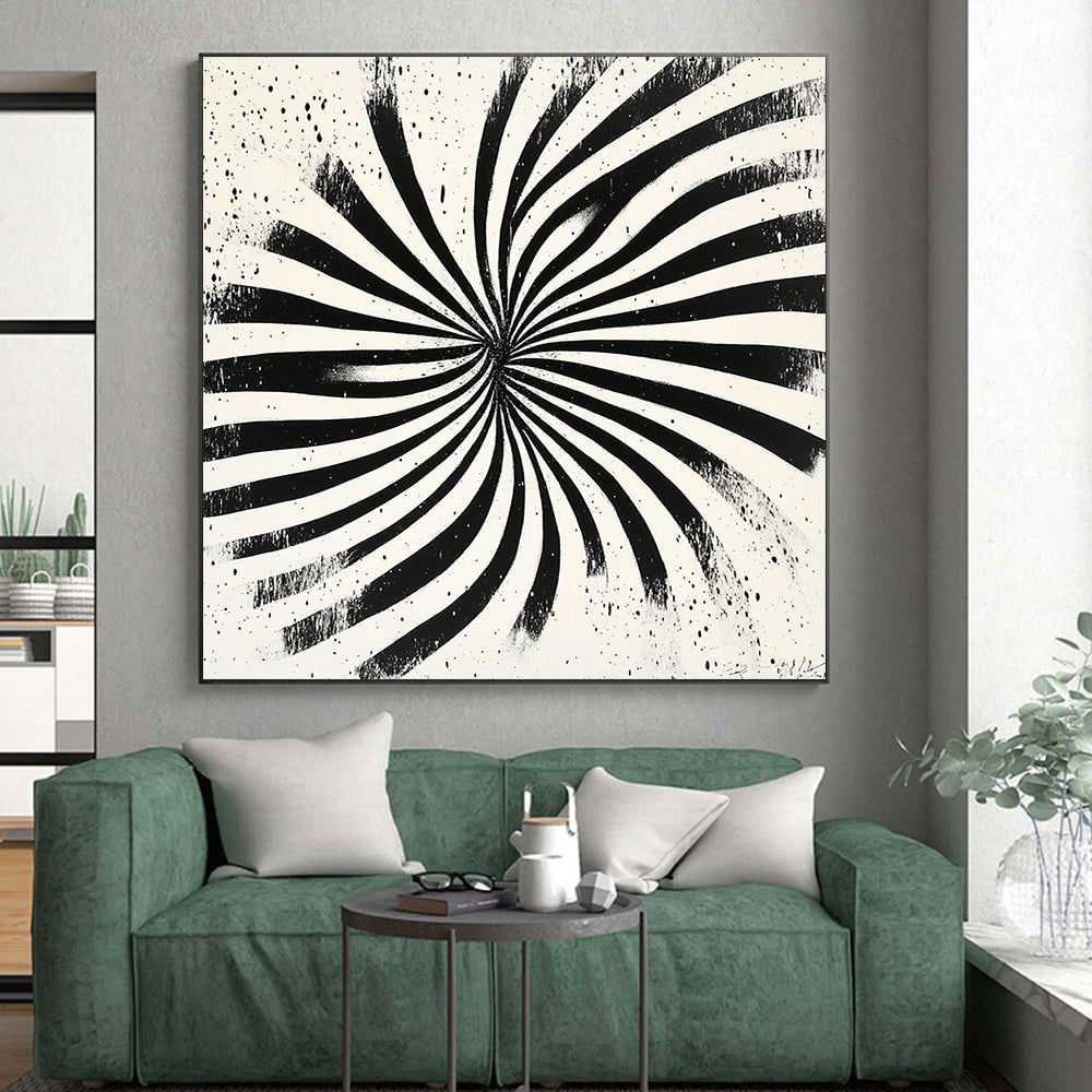 Black and White Radial Stripes "Optical Burst" Painting On Canvas HB283