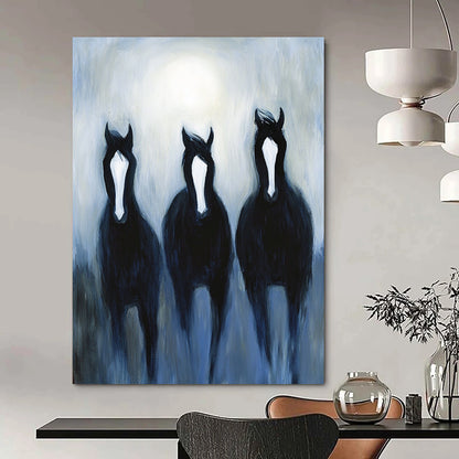 Contemporary hand-painted abstract art features three black horses with white stripes galloping in moonlight against a misty night backdrop. DLZ1713