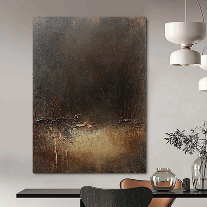Contemporary abstract canvas art featuring a dark brown textured background subtle golden line and signs of wear enhancing its unique character. DLZ1571
