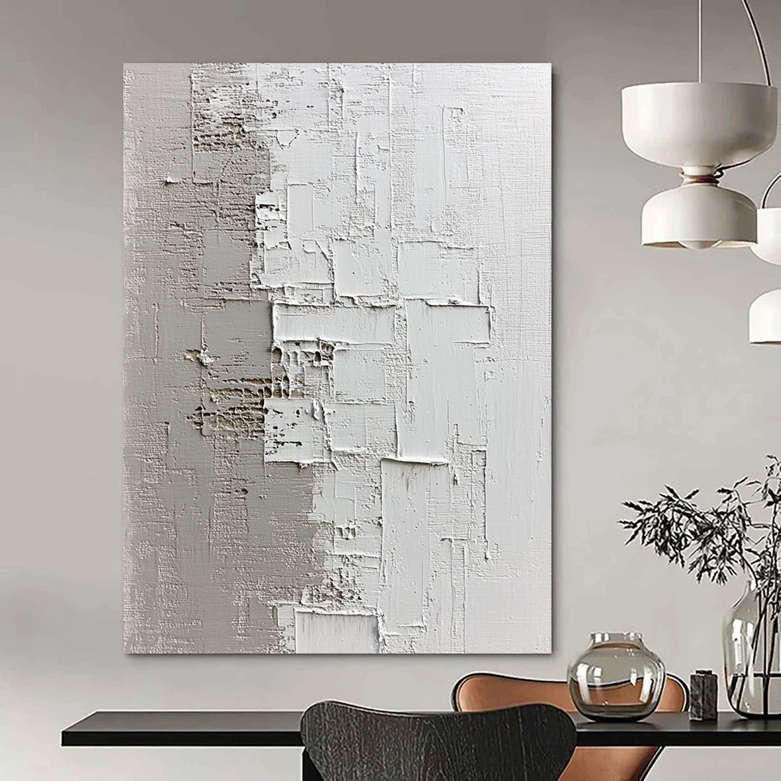 Contemporary hand-painted abstract artwork showcasing textured light gray and dark beige shades on a dark plaster background, evoking tranquility and depth. DLZ0832