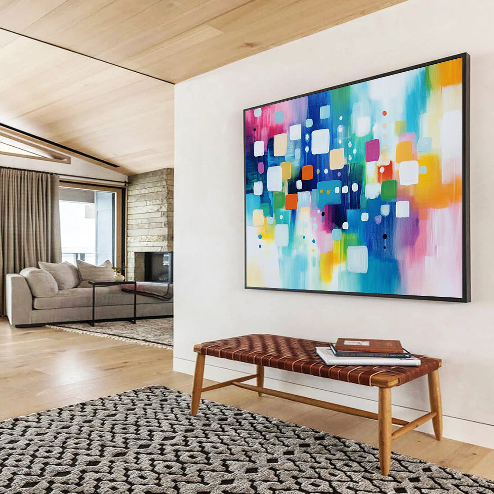 “Cheerful Colorful Geometric Squares and Circles” - Pink, blue, green, yellow, white; Abstract geometric squares and circles; Acrylic Painting On Canvas HB1235