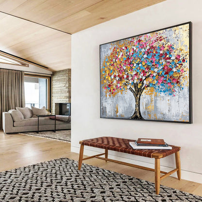“Colorful Dot Tree” - Gray background, multicolor dots, golden accents, Abstract Tree Painting On Canvas HB0590
