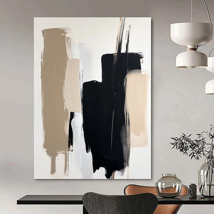Contemporary abstract painting with minimalist composition showcasing black and beige brushstrokes on a white background featuring a blurred figure in soft lighting. DLZ0713