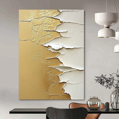 Contemporary abstract painting features textured white paper on golden sand with intricate details in beige and gold tones creating a captivating composition. DLZ1439