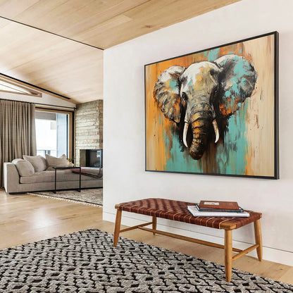 “Colorful Elephant Portrait” - Teal, Orange, Gray, Expressive Animal Painting On Canvas HB1002